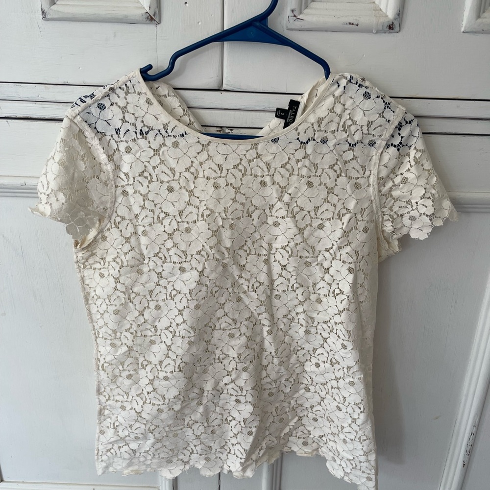 Talbots Cream Lace Fitted Blouse Short Sleeve